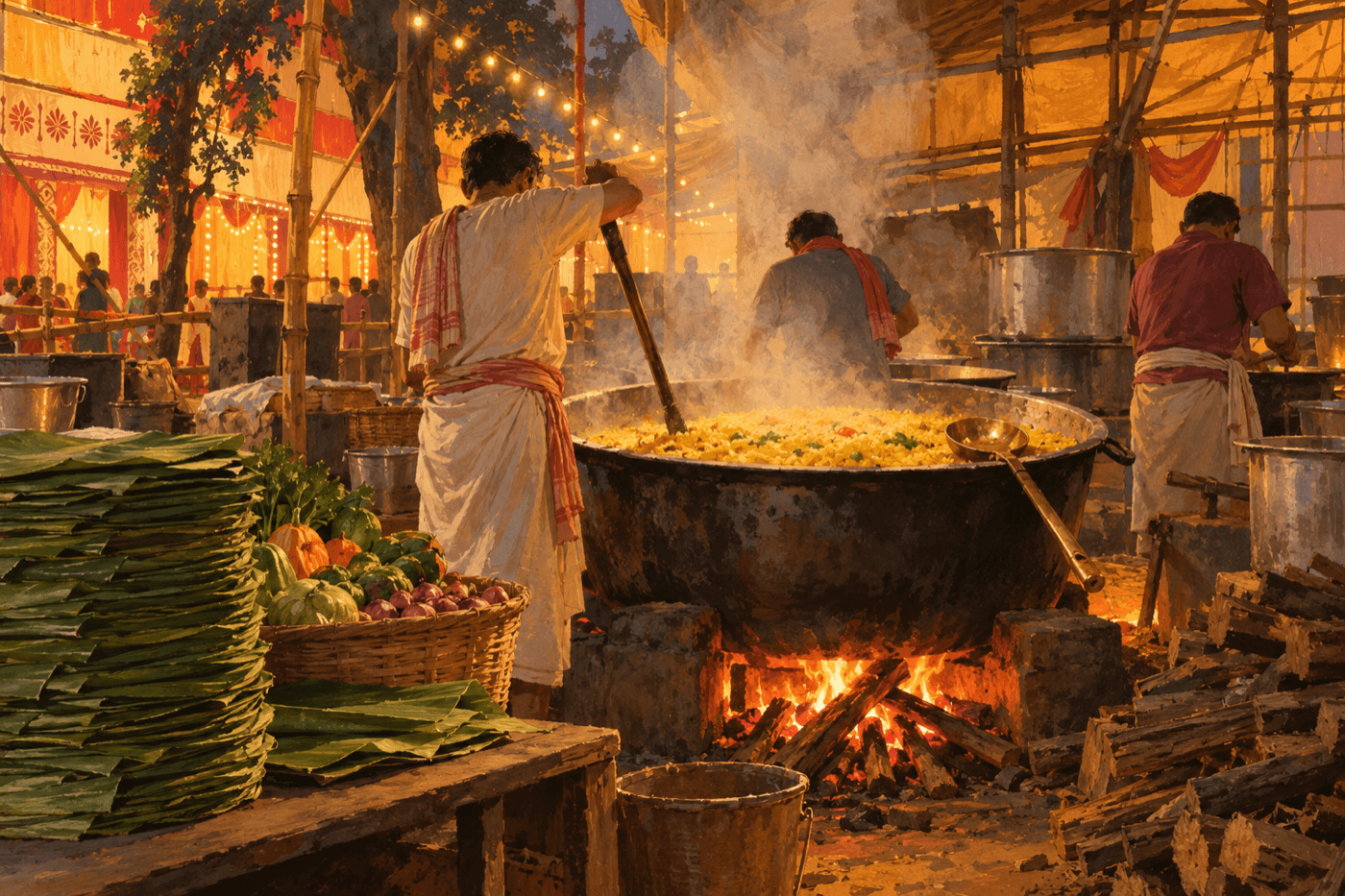 Volunteers stirring khichuri in a huge cauldron over a wood fire behind a pandal, banana-leaf plates stacked to one side