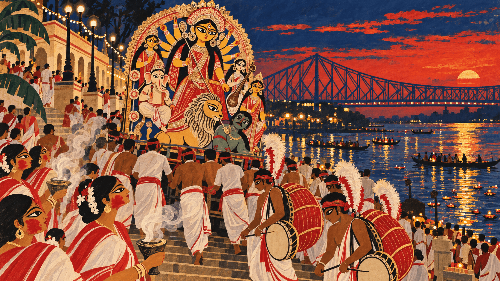 Durga idol carried to the Hooghly at dusk