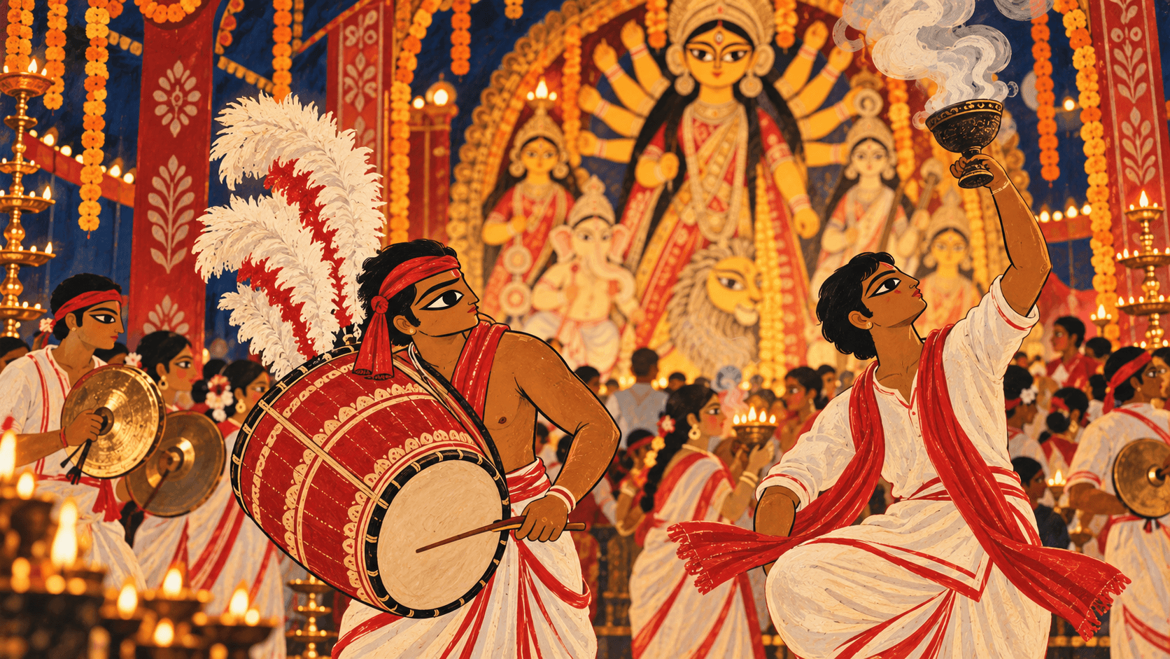 A dhaki playing a barrel drum crowned with white feather plumes in a pandal, dhunuchi smoke behind