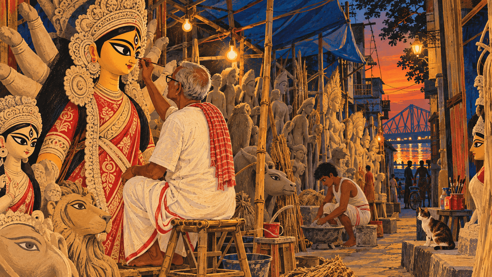An artisan painting the eyes of an unfinished clay Durga in a narrow Kumartuli workshop, straw frames behind