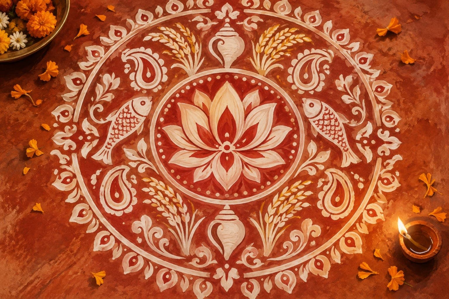 A Bengali alpona medallion of a lotus ringed by conch, fish and peacock motifs