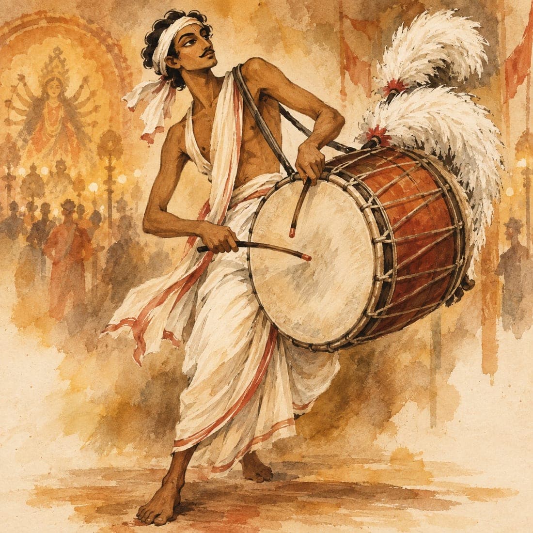 A wash painting of a dhaki playing the feathered dhak drum