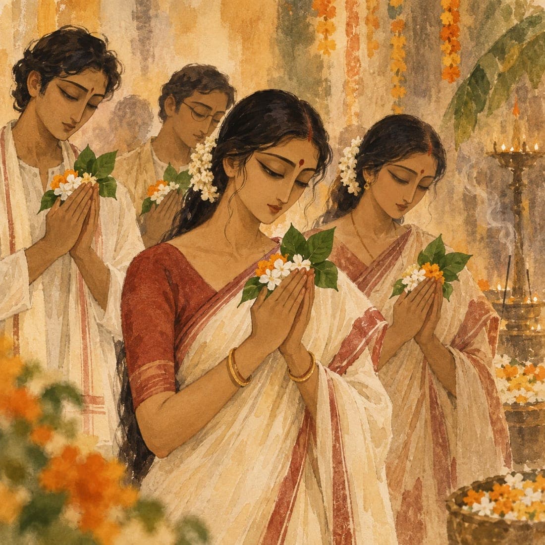A wash painting of folded hands offering flowers in pushpanjali