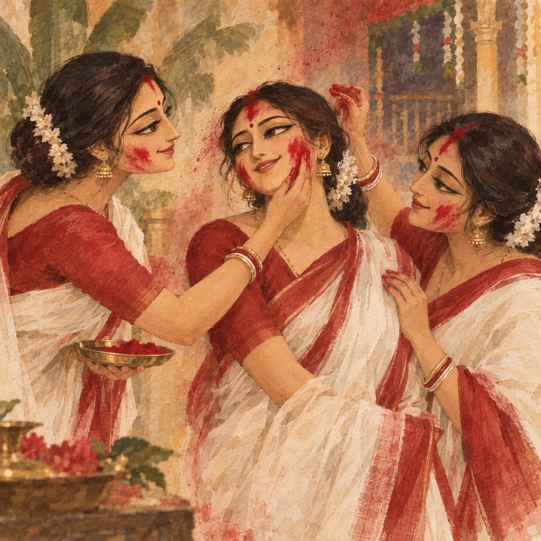 A wash painting evoking sindoor khela, hands bright with vermillion