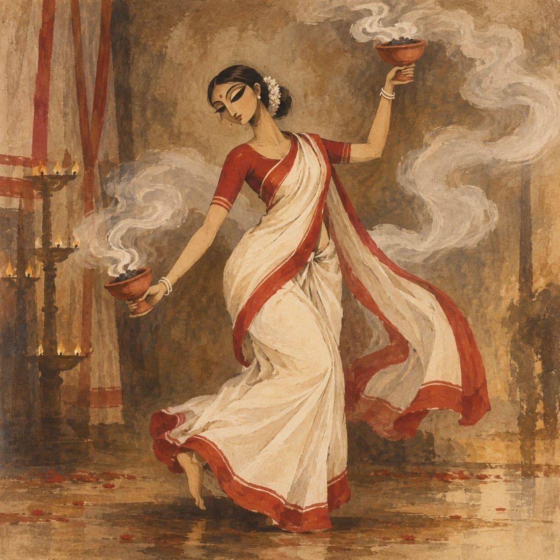 A wash painting of a figure performing the dhunuchi naach with a smoking censer