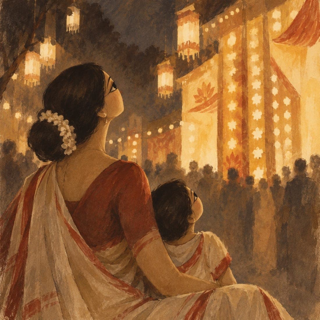 A wash painting of a mother and child at a lit pandal at night