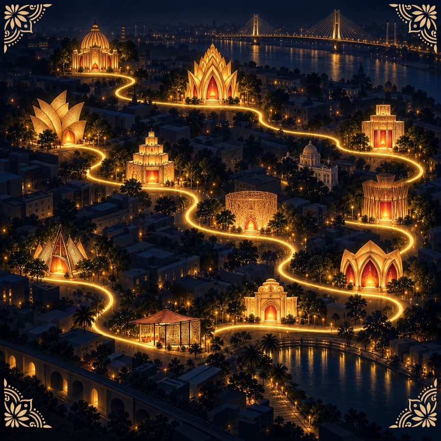 An illustrated night city of glowing pandals joined by a golden route