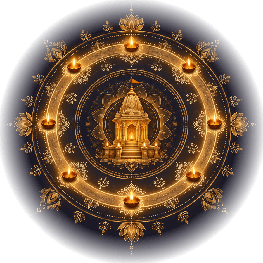 An illustrated mandala of a shrine circled by a ring of lit diyas