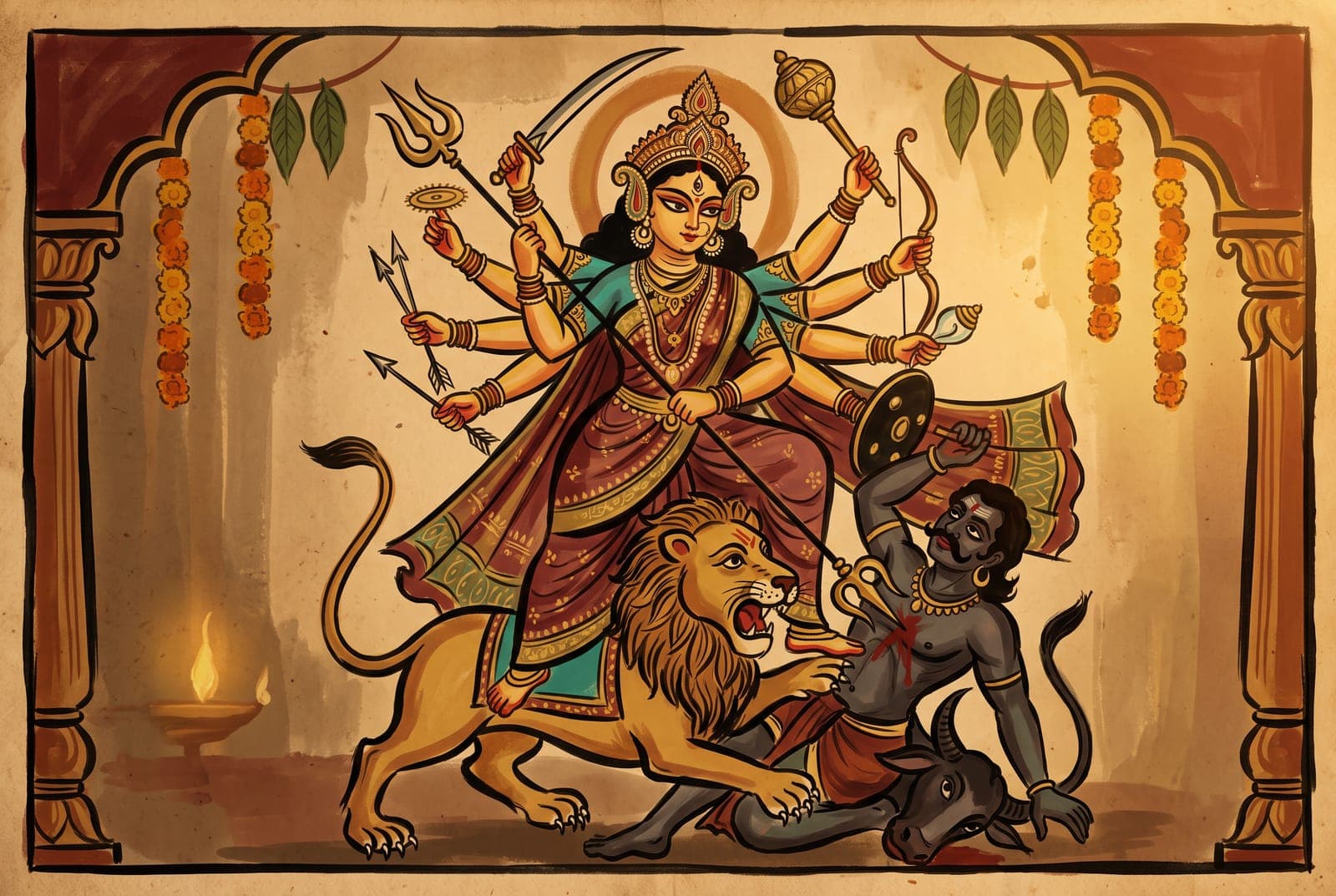 Durga as Mahishasuramardini, slaying the buffalo-demon, in the Kalighat pat style