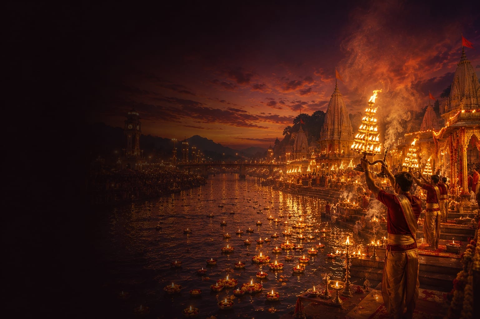 A painting of Har Ki Pauri at night: the aarti raised on the ghat, diyas floating on the Ganga, the clock tower beyond