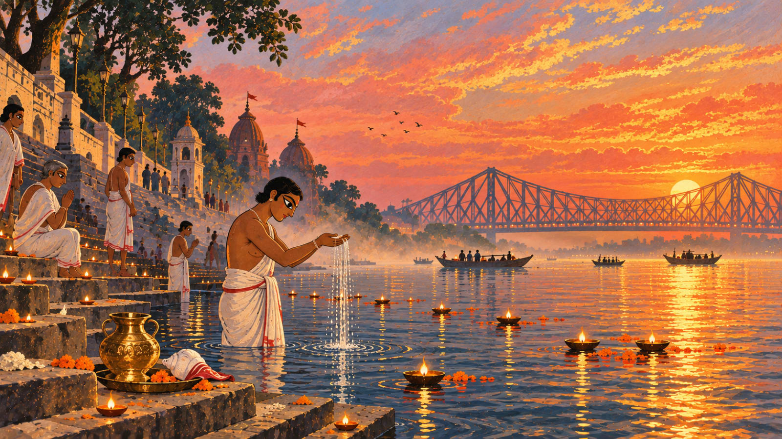 The ghat at sunrise on Mahalaya, lamps floating on the river