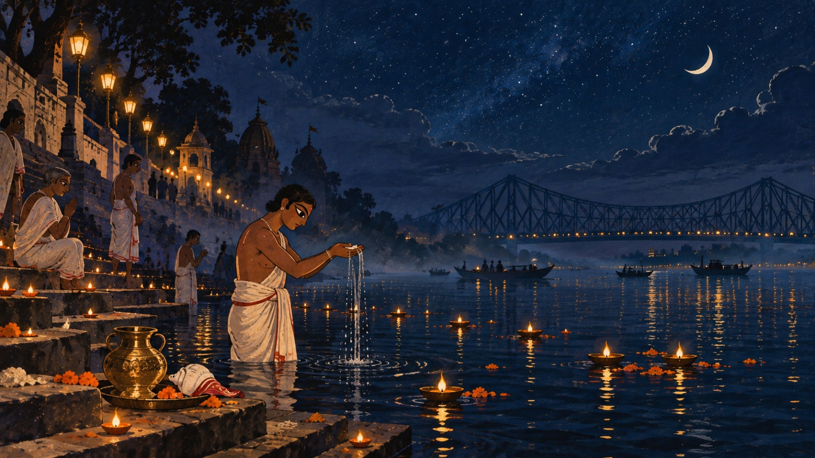 A man offers tarpan, standing in the dark river at a lamplit ghat