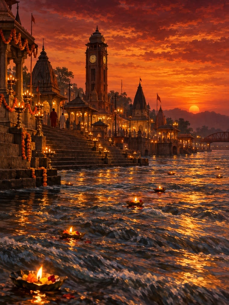 Har Ki Pauri at Haridwar, lamps floating on the Ganga under a saffron sky