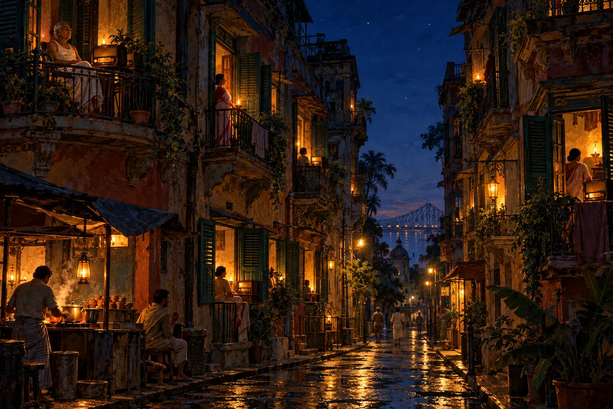 A north Kolkata lane before dawn, radios and lamps glowing on every balcony