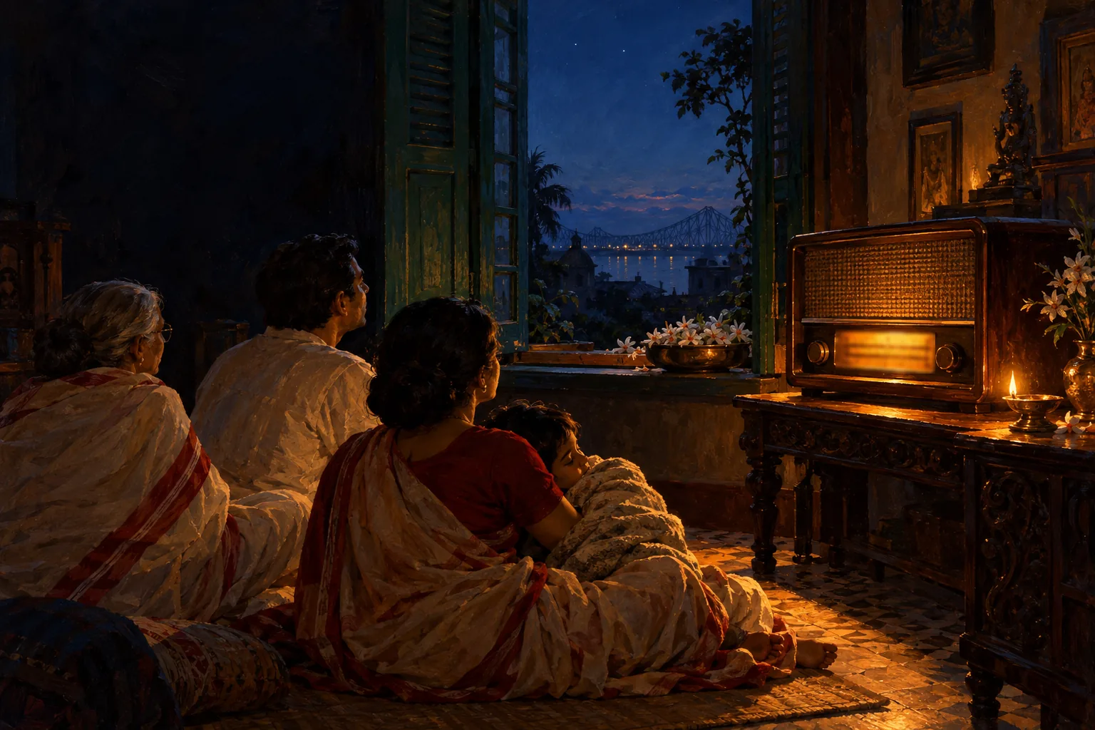 A Bengali family sits on the floor in the dark before dawn, listening to an old wooden radio that glows amber beside a lamp