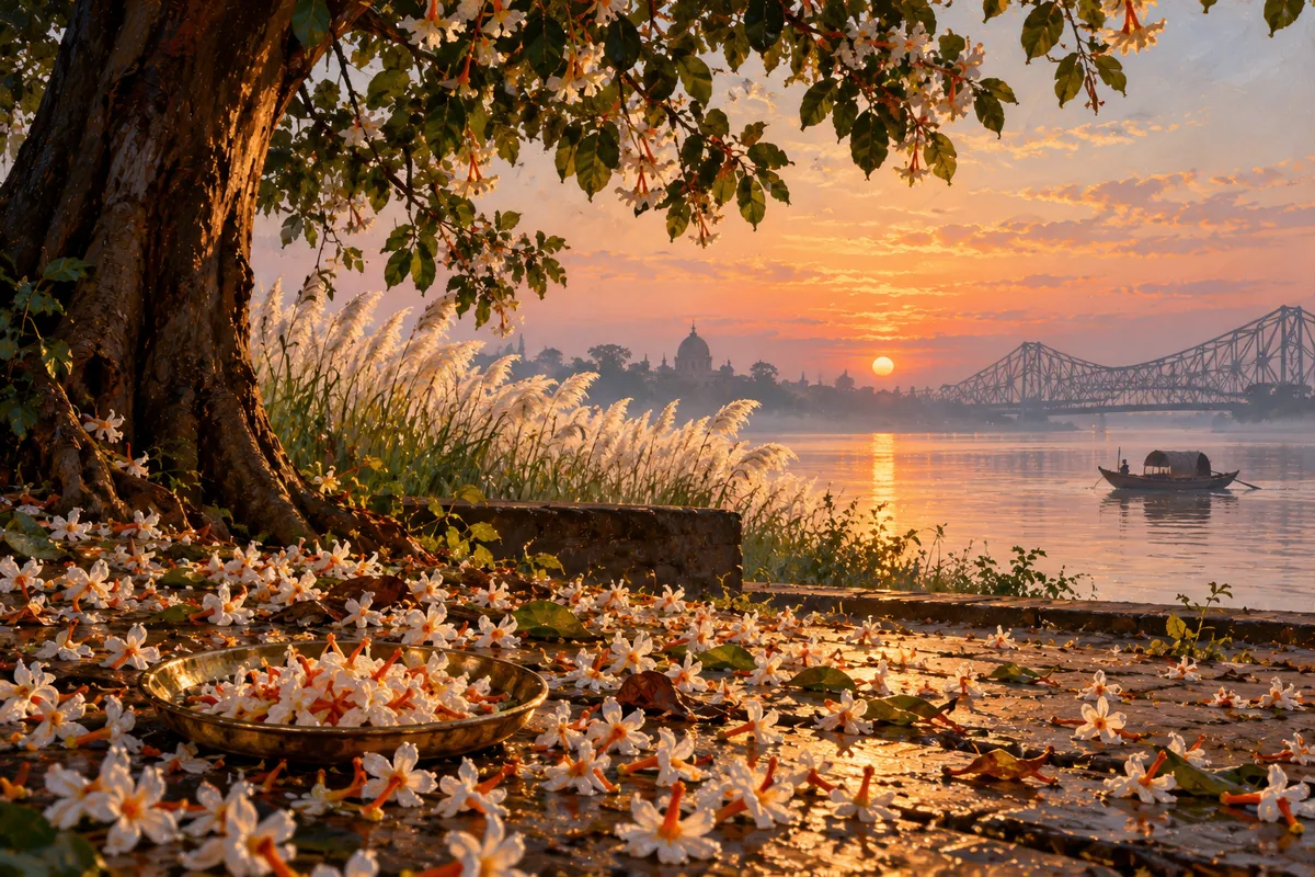Fallen shiuli flowers on wet ground under the tree, kash plumes by the river at sunrise